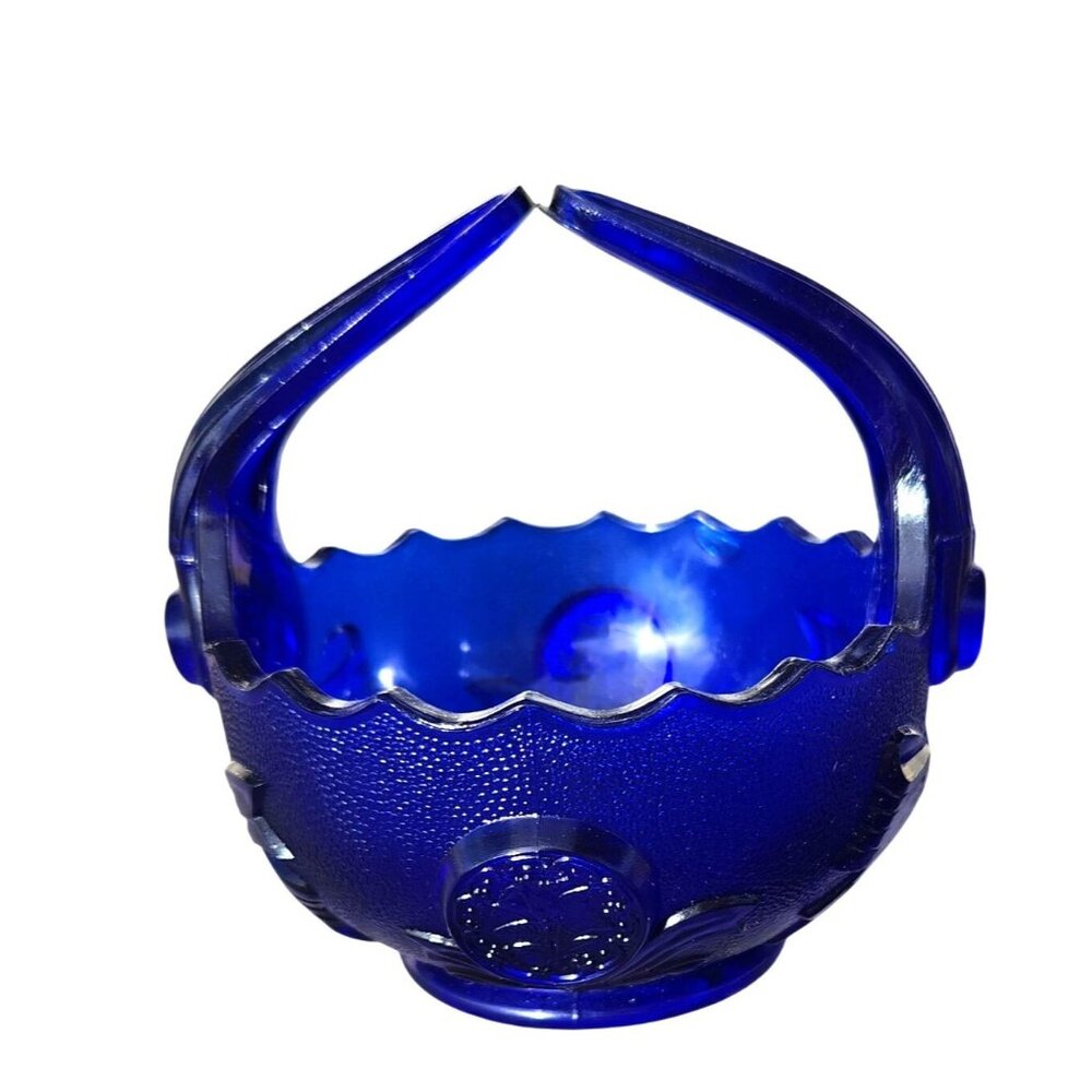 Vintage Boyd's Glass Co. Cobalt Blue Glass Basket With Embossed Floral & Bow Des